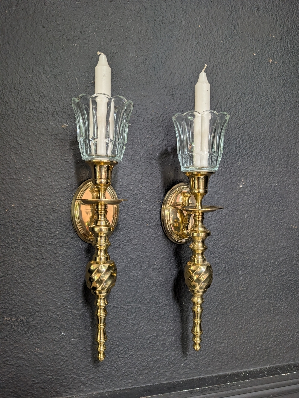Vintage, Set of 2, Polished Brass Wall Candle Holder Sconce w/ Glass Votive 10"
